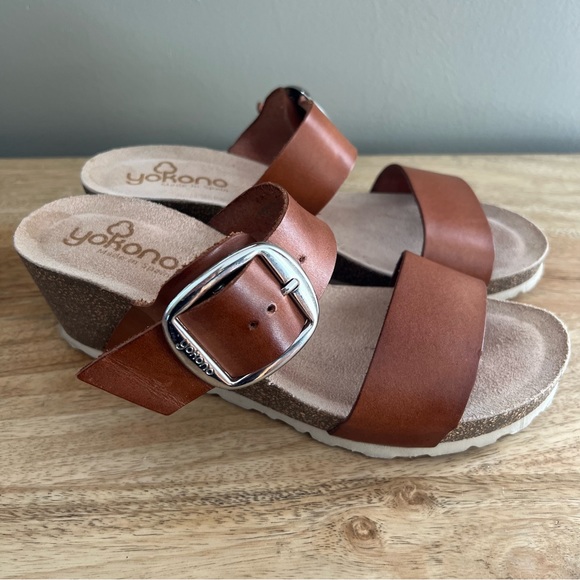 Yokono Shoes Yokono Cork Wedge Brown Leather Double Strap Sandals